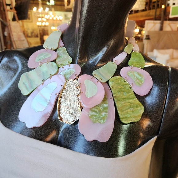 Pink, Green and Goldtone Statement Necklace with Earrings Set - Picture 14 of 17